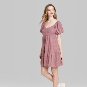 Wild Fable Mauve with white polka dots Tiered Mini Dress Size Large